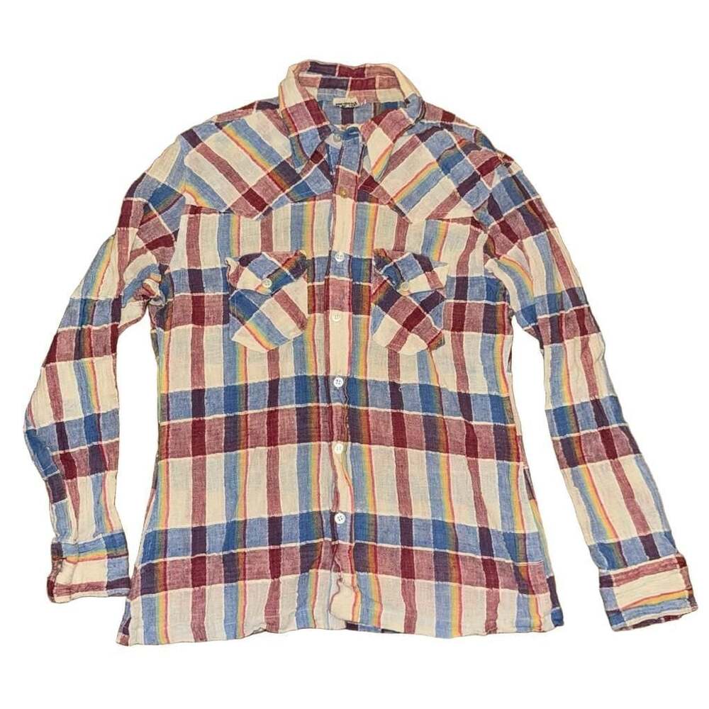 Vintage 100% Cotton Plaid Button-Up Large Shirt Multicolor Gauze Long Sleeve